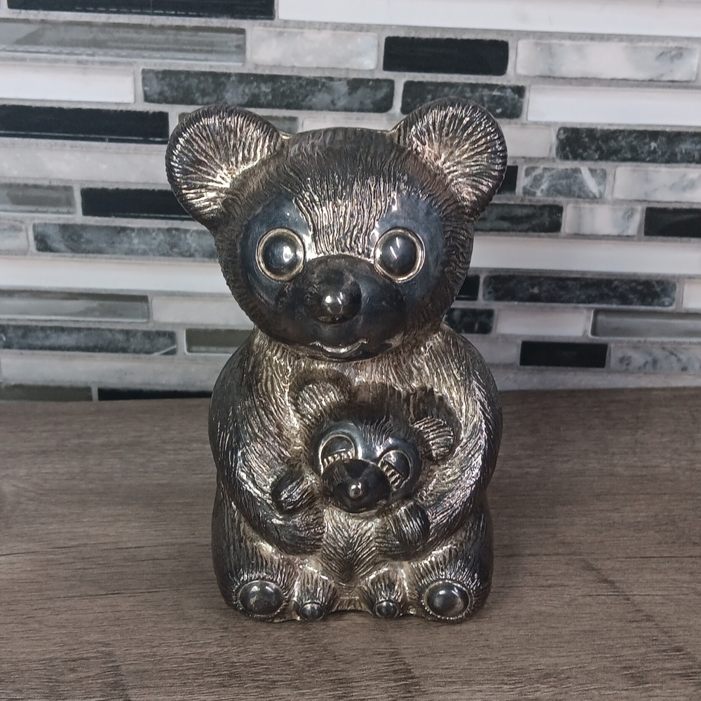 Vintage Godinger Silver Art Co. Silver Plate Momma Bear Baby Penny Bank Decor